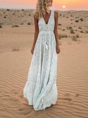 Women Sleeveless Polka Dots Boho Maxi Dress Cocktail Party Summer Beach Sundress